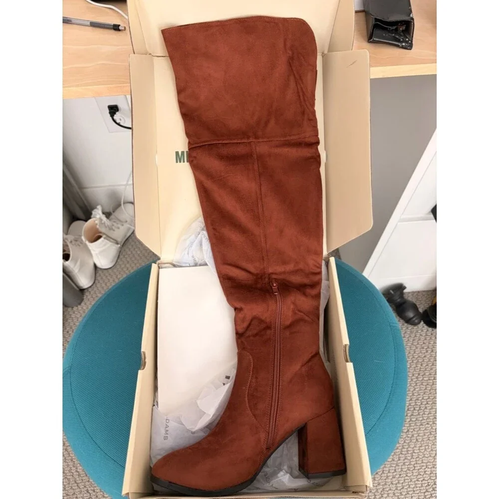 Over-the-Knee Block Heel Boots in Chestnut Suede